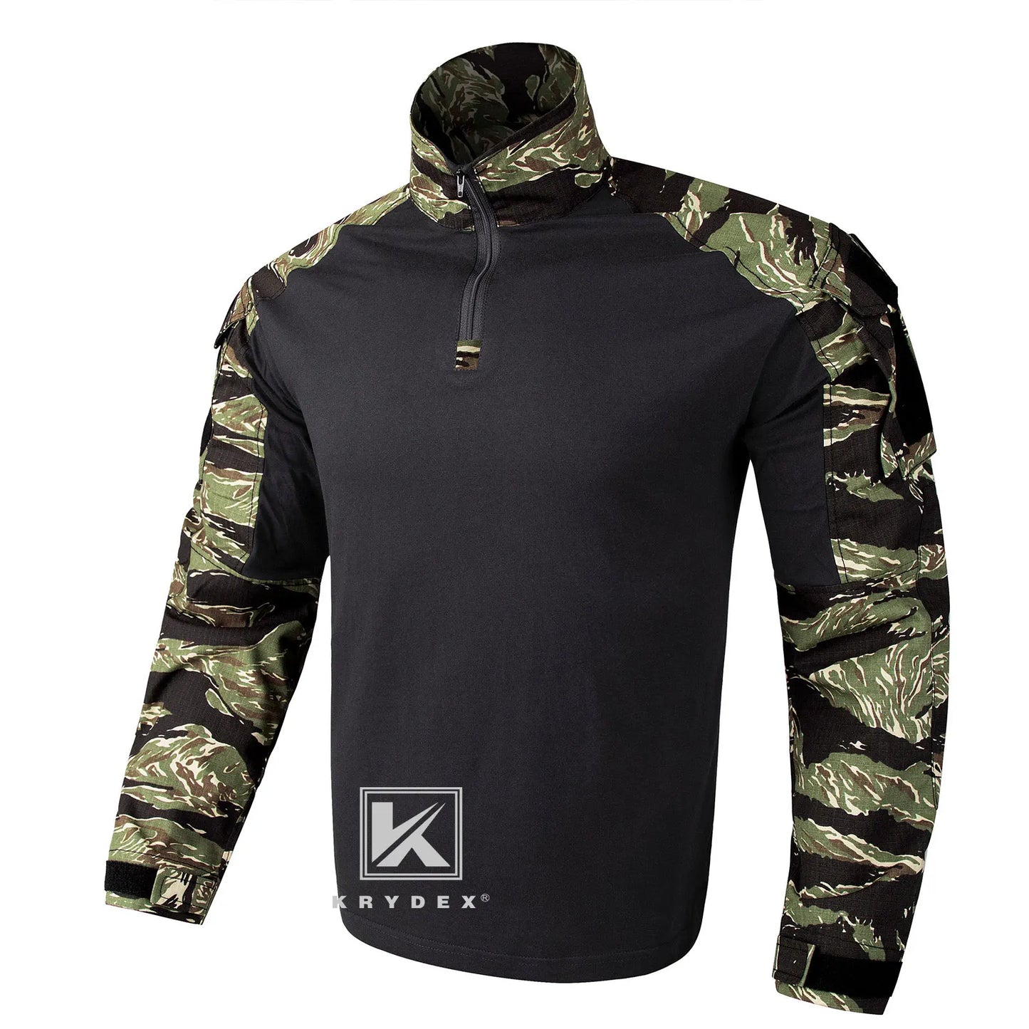 KRYDEX Tactical Camouflage Combat Shirts Assault Tops with Knee Pads Tiger Camo Hunting Outdoor Men Shirt