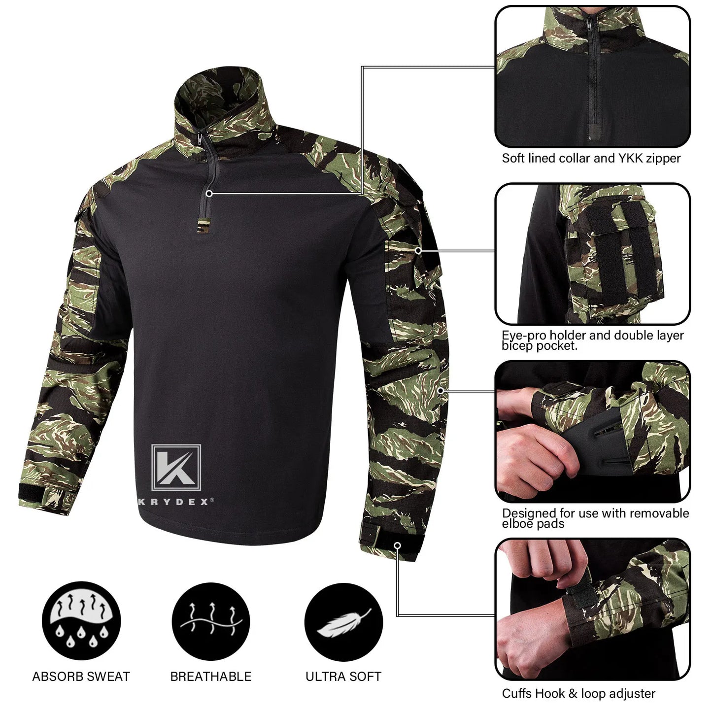 KRYDEX Tactical Camouflage Combat Shirts Assault Tops with Knee Pads Tiger Camo Hunting Outdoor Men Shirt