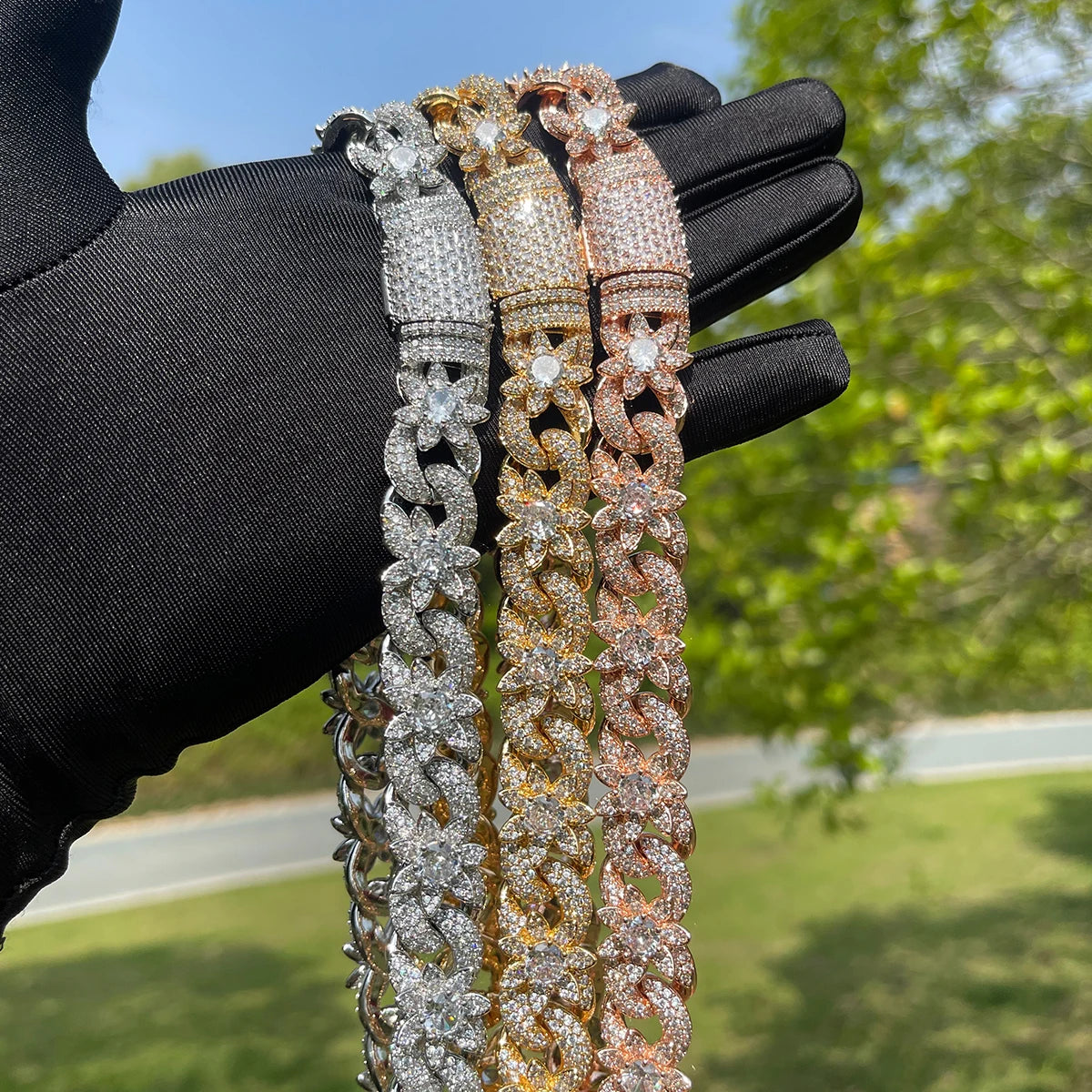 Iced Out Flower Necklace Cuban Link Chain for Women Cubic Zirconia