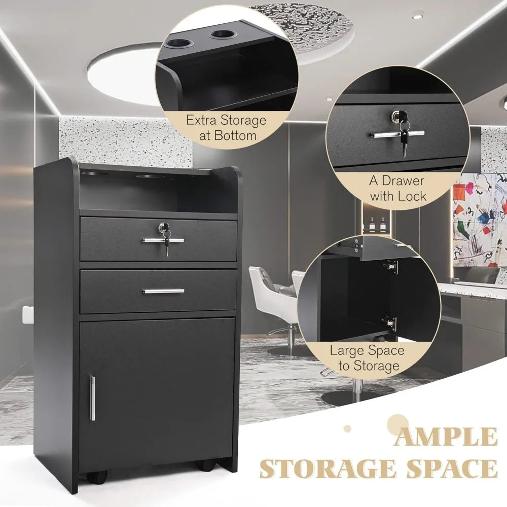 Barber Stations Storage Cabinet with Drawer and Wheels, Black, Salon Trolley