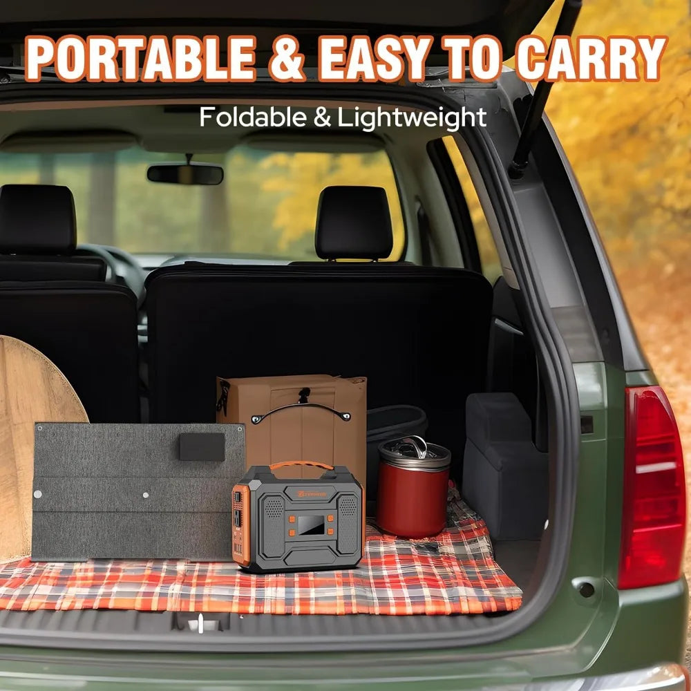 300W Power Station with Foldable 60W Solar Panel, for Home Use RV Outdoor