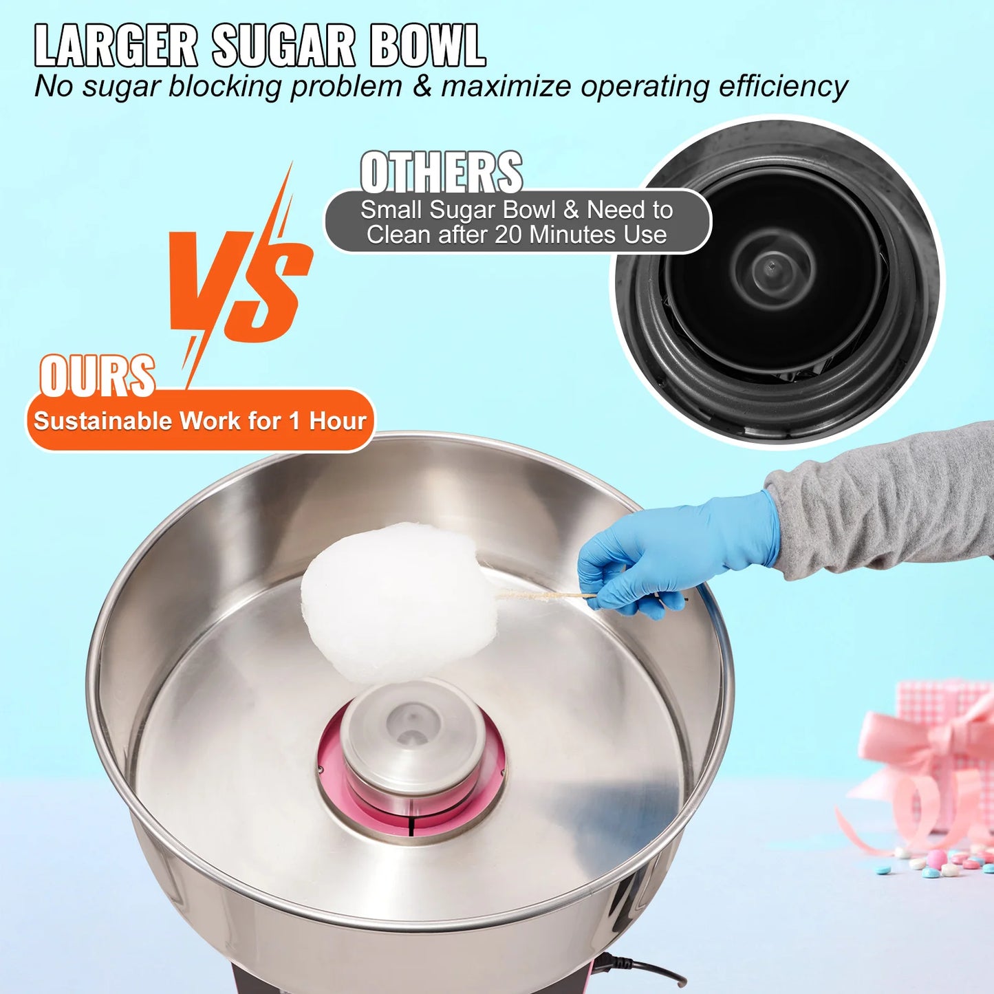 Electric Cotton Candy Machine Floss Maker with Stainless Bowl Sugar Scoop and Drawer