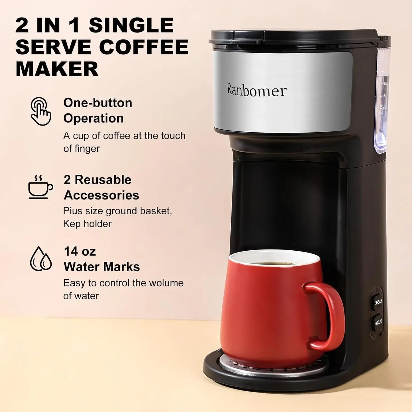 Single Serve Coffee Maker, K Cup and Ground Coffee Machine 2 in 1, 6 to 14 Oz Brew Sizes,