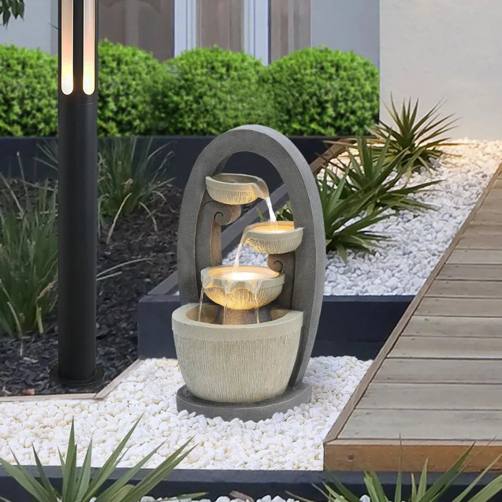 Small Water Fountain Outdoor, Indoor LED Lights, Garden Fountain Front Porch Decor