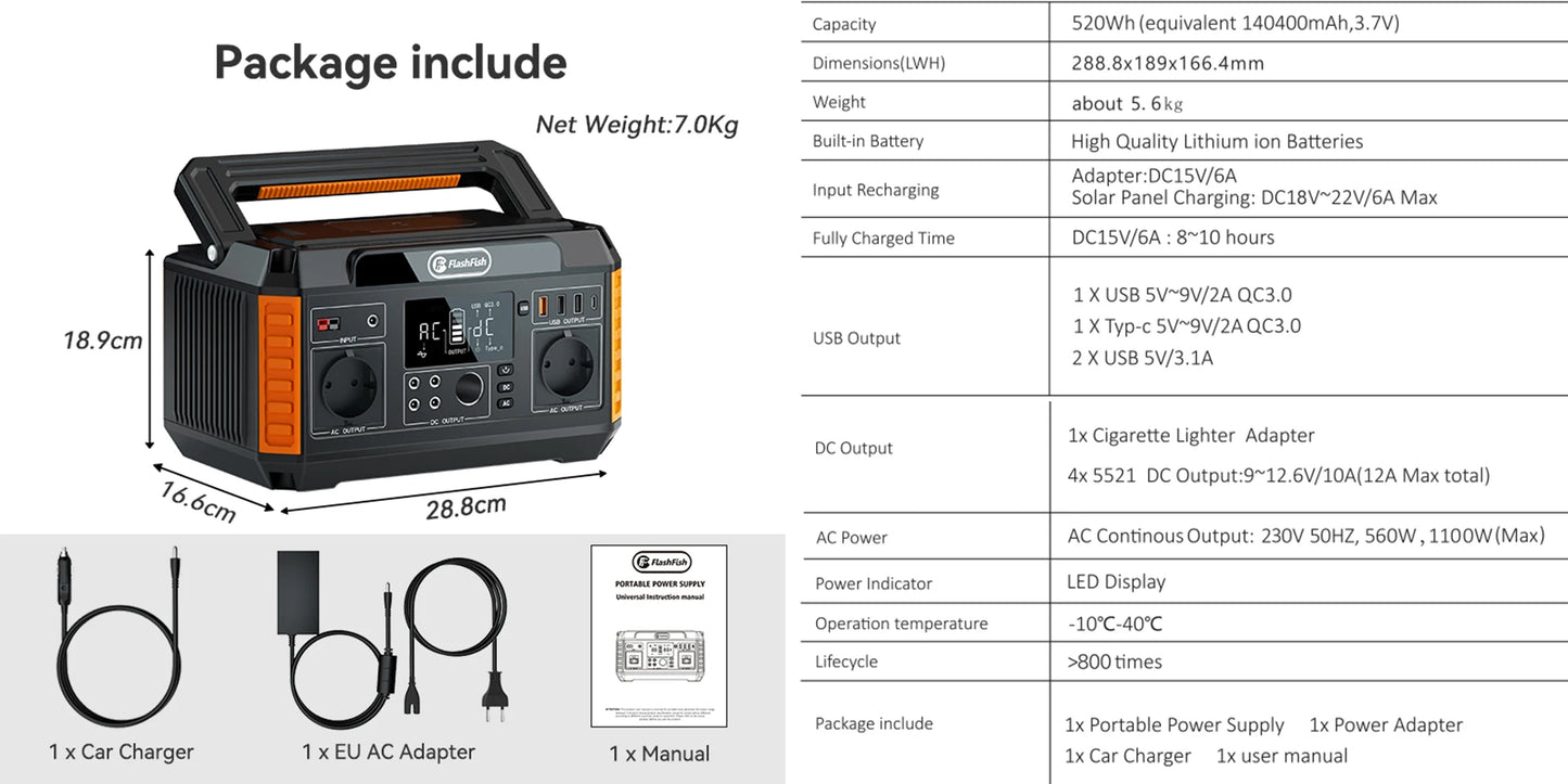 Power Station 560W Portable Solar Generator AC Outlets 520Wh Lithium Batteries