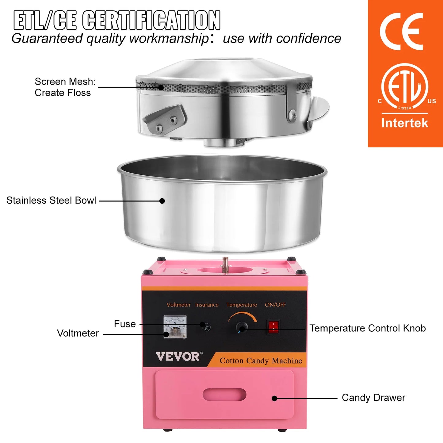 Electric Cotton Candy Machine Floss Maker with Stainless Bowl Sugar Scoop and Drawer