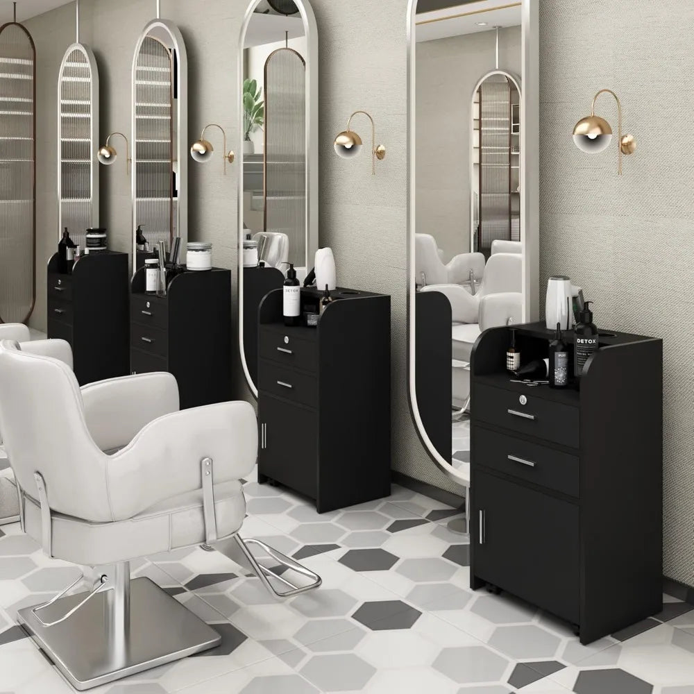Barber Stations Storage Cabinet with Drawer and Wheels, Black, Salon Trolley