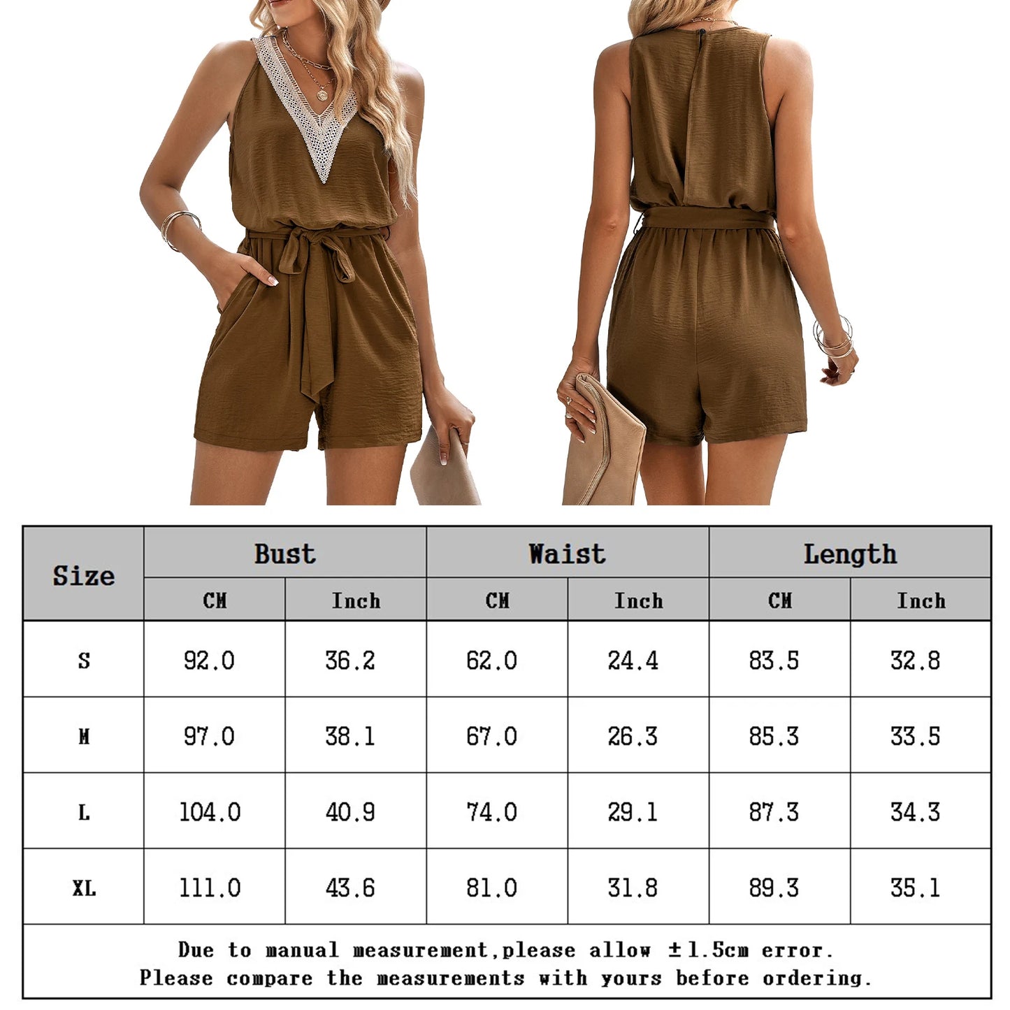 Ladies Jumpsuit Sleeveless V-Neck One-piece Fashion with Pockets Adjustabl for Summer