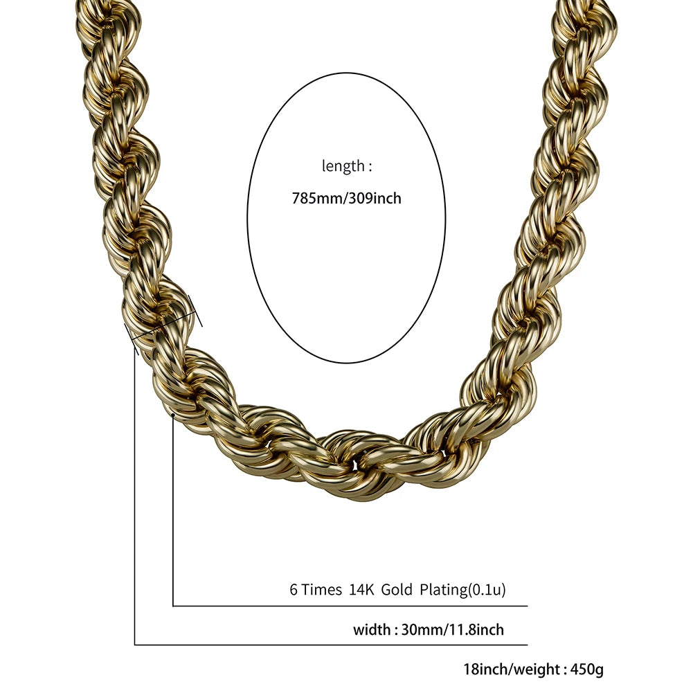 30MM Rope Chain Stainless Steel Mens Luxury Necklace Hip Hop