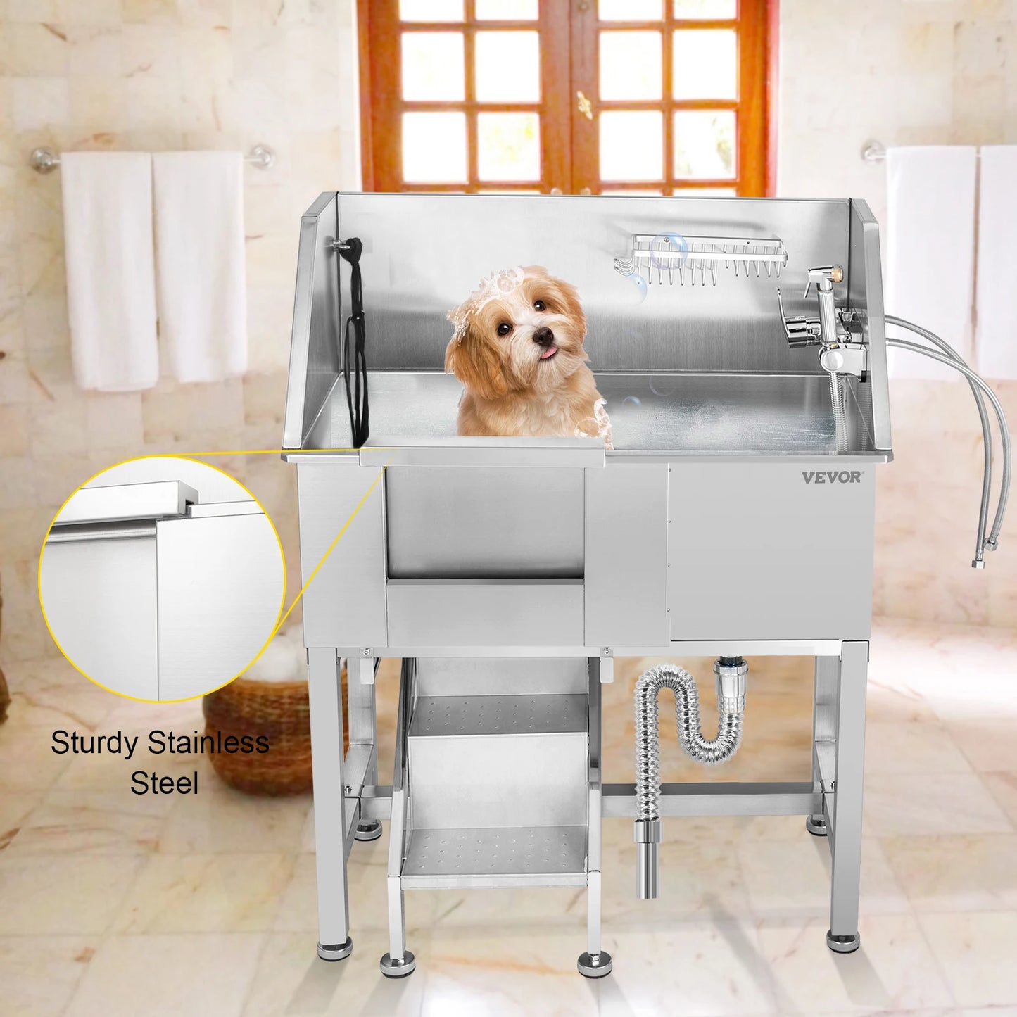 34 Inch Steel Pet Grooming Tub With Faucet And Accessories For Dog Washing Station