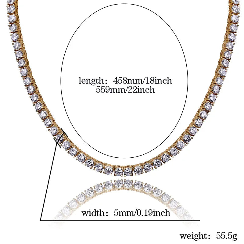 5MM Iced Out Bling AAA Zircon 1 Row Tennis Chain Necklace