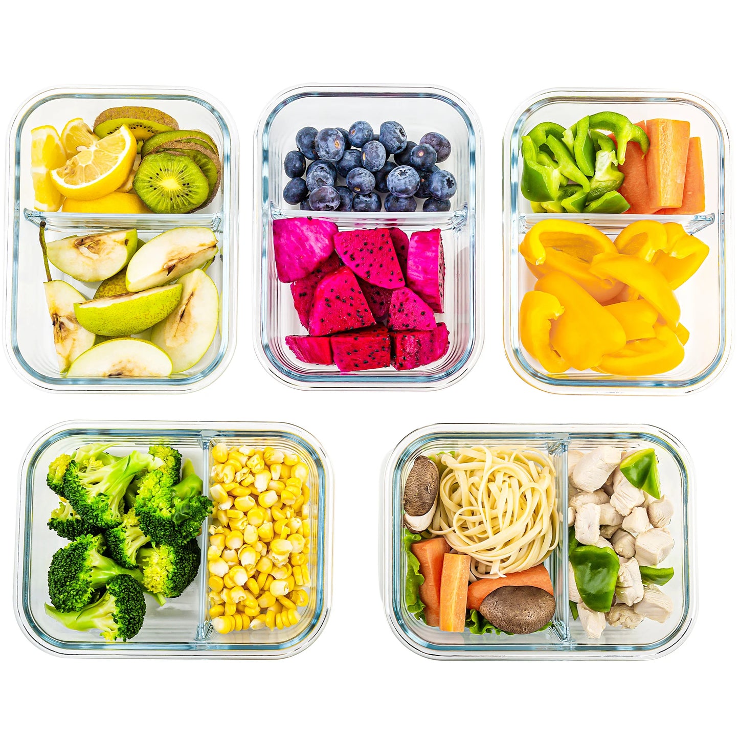 5-Pack,3 Compartment Glass Meal Prep Containers Set with Lids,