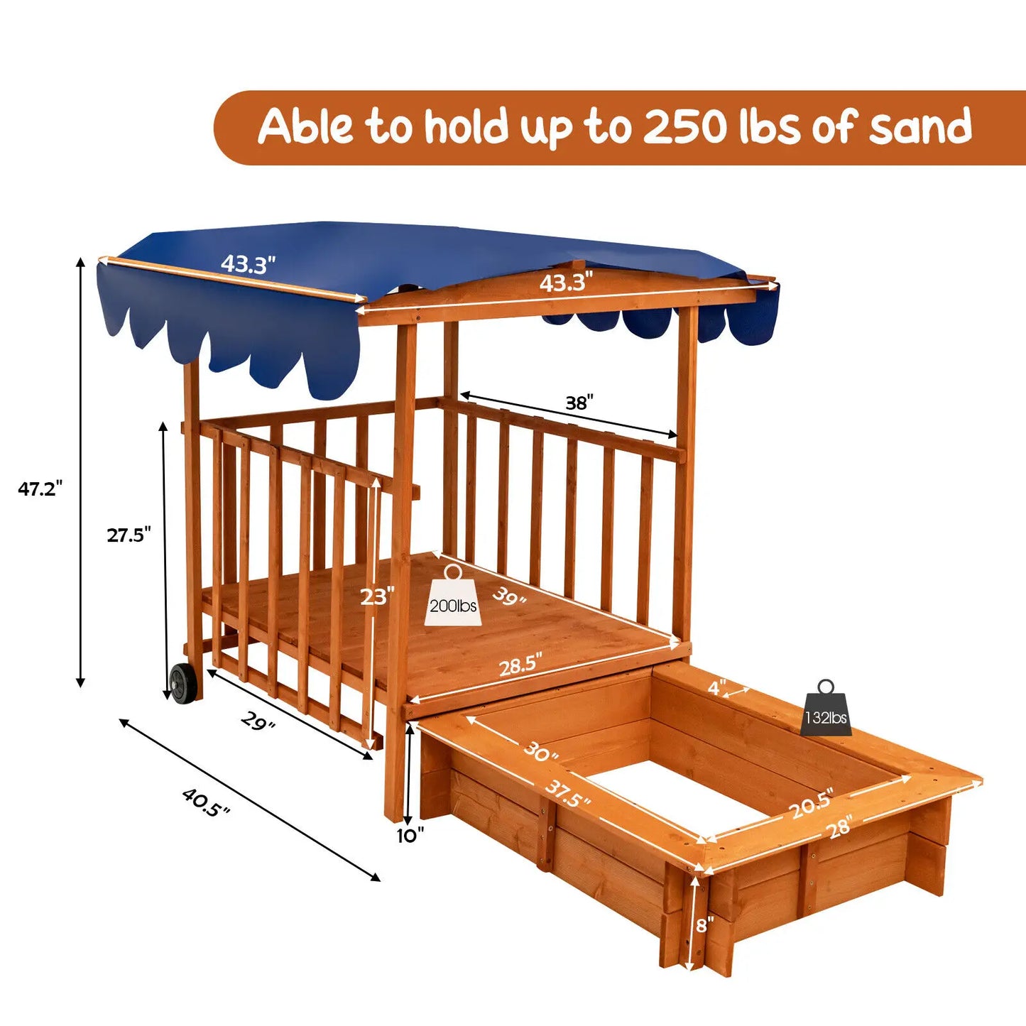 Costway Wooden Retractable Sandbox with Cover & Built-in Wheels Kids Outdoor Playhouse