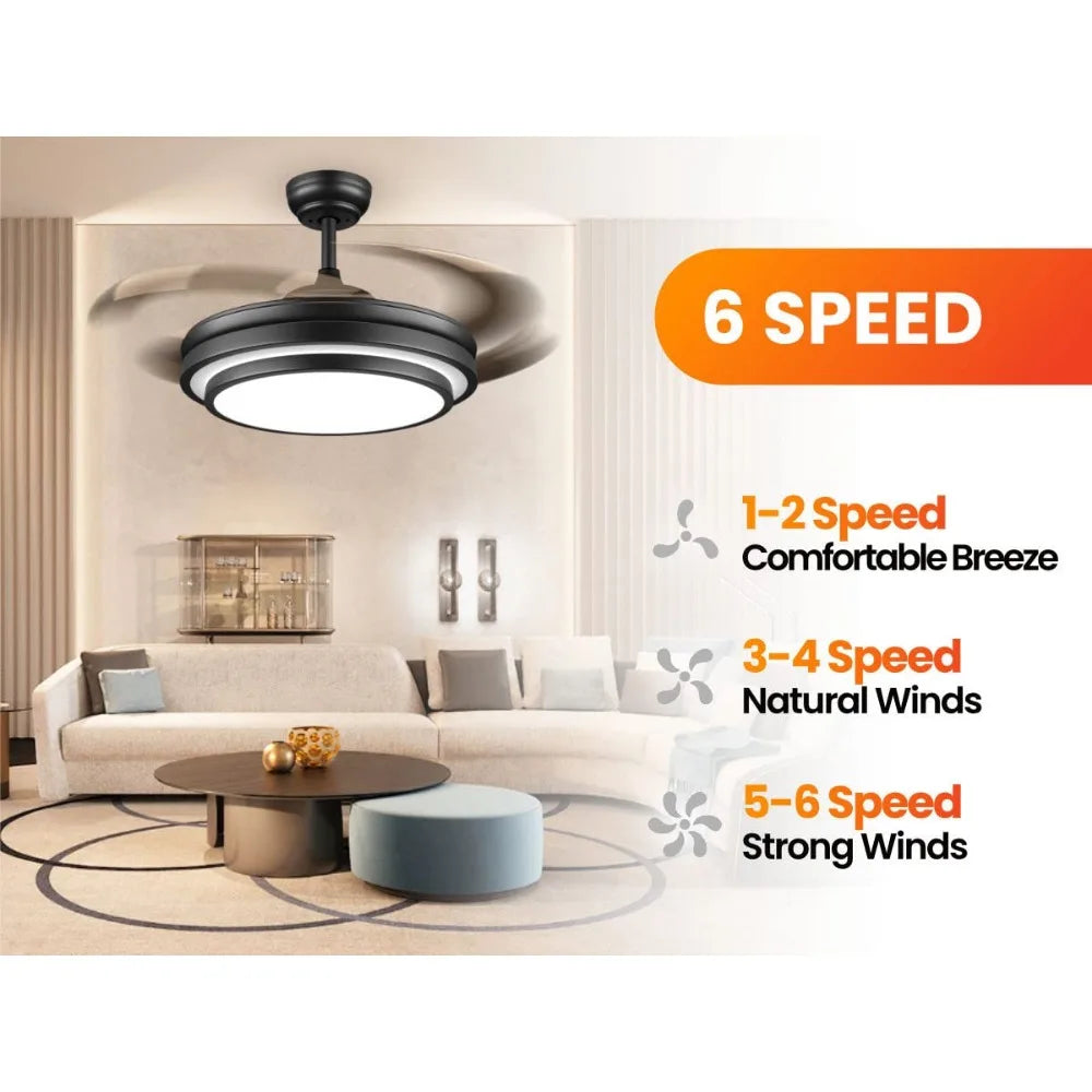 Fan with Lights and Remote, Retractable Fandelier, 6 Speed Dimmable Memory LED Ceiling Fan