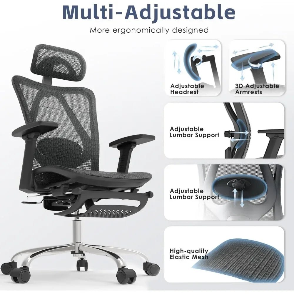 Ergonomic Office Chair with Adjustable Lumbar Support, Retractable Footrest