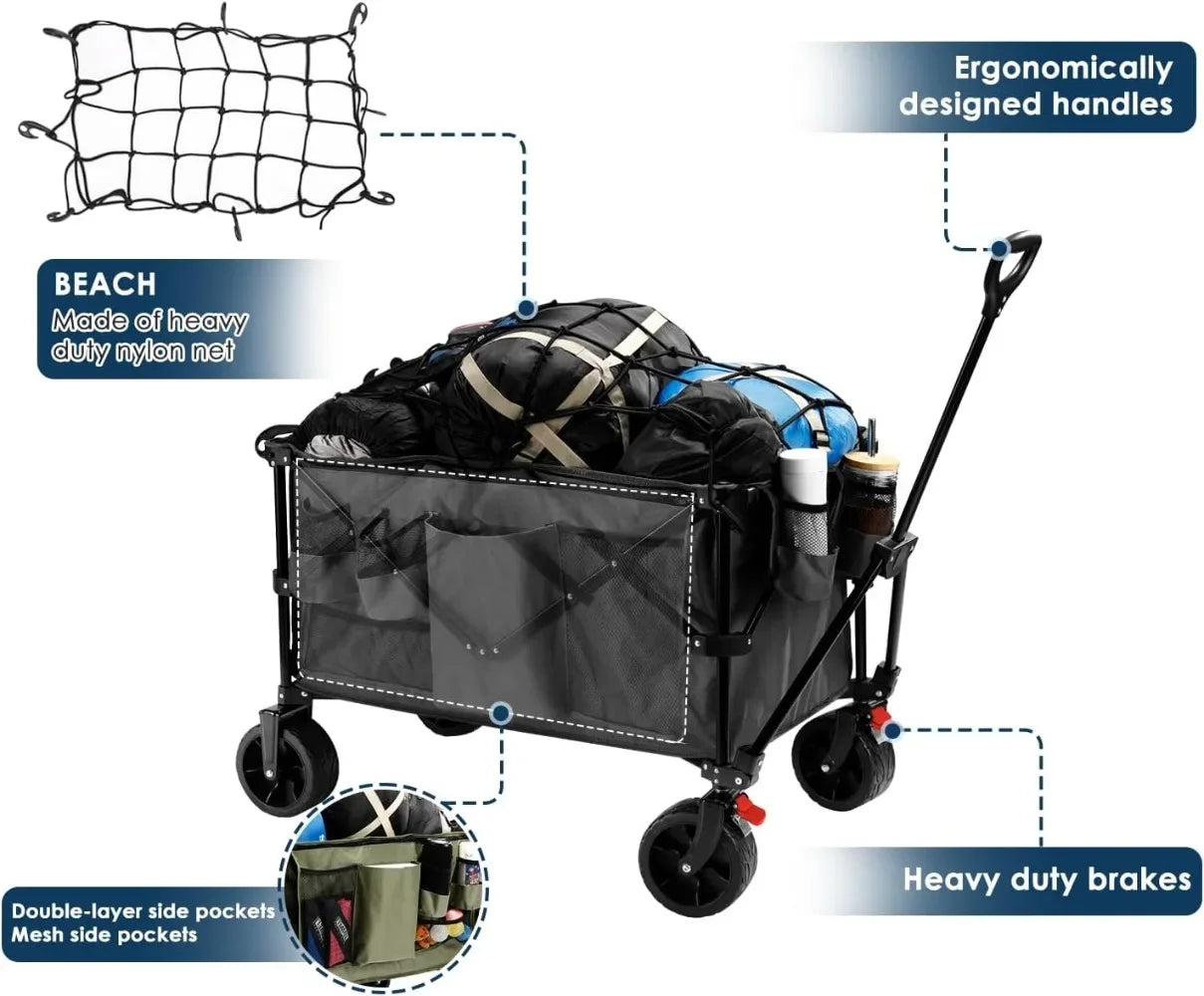 Cart with Cargo Net, Beach Wagon with Big Wheels, Foldable Wagon with Brakes