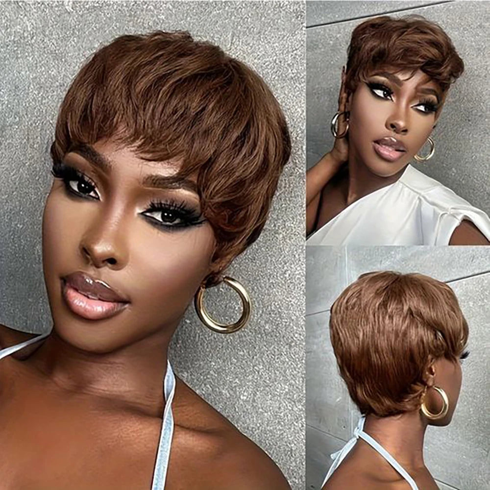 Brown Short Pixie Machine Made Wigs With Bangs Brazilian Hair Wigs