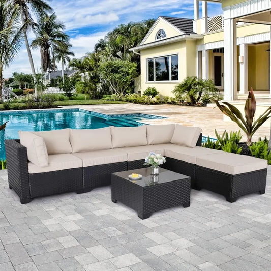 7 Pieces Outdoor PE Wicker Furniture Sofa Set with Khaki Cushions and Glass Top Table