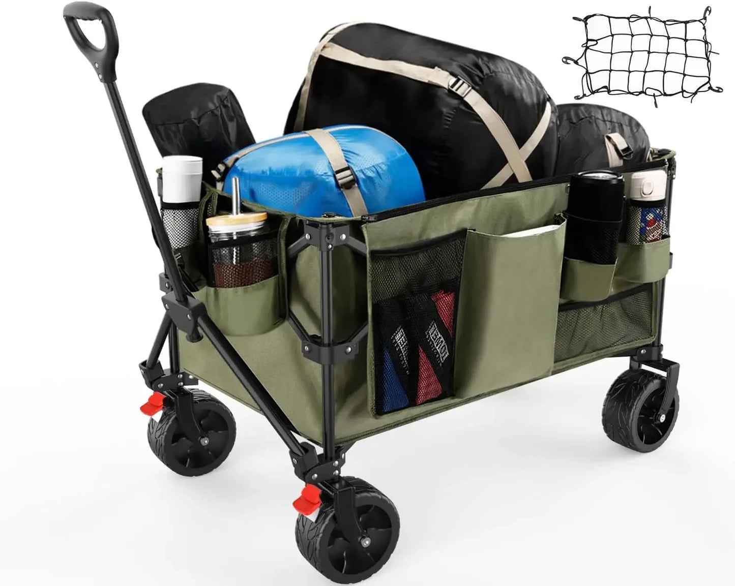 Cart with Cargo Net, Beach Wagon with Big Wheels, Foldable Wagon with Brakes