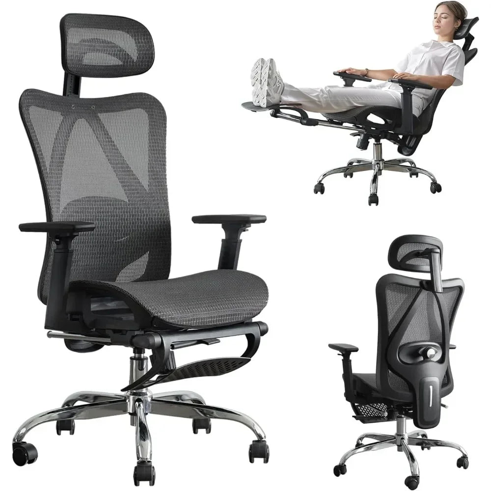 Ergonomic Office Chair with Adjustable Lumbar Support, Retractable Footrest