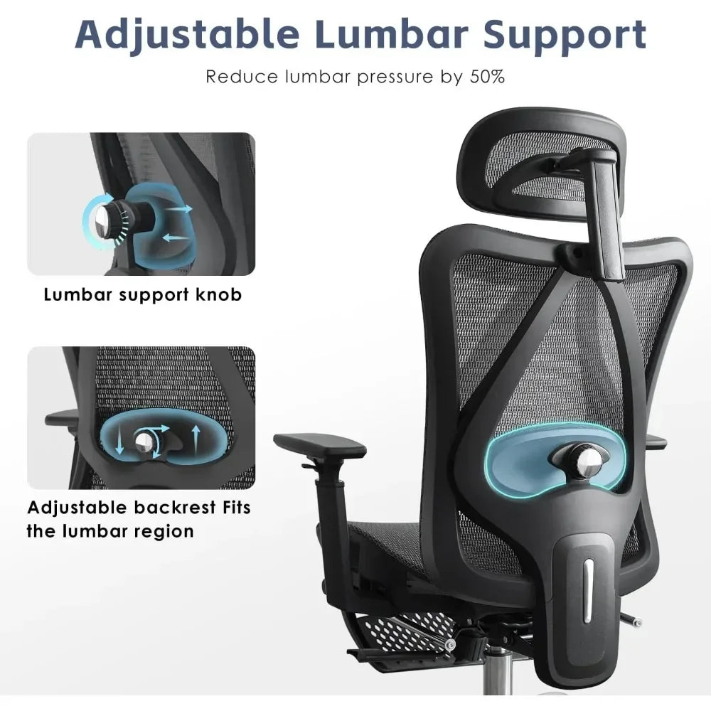 Ergonomic Office Chair with Adjustable Lumbar Support, Retractable Footrest