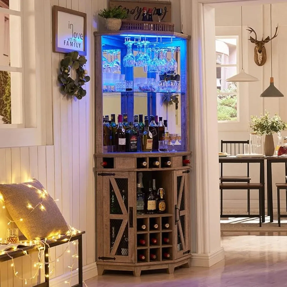 Bar Cabinets,Home Bar Cabinet W/LED Light Glass Rack