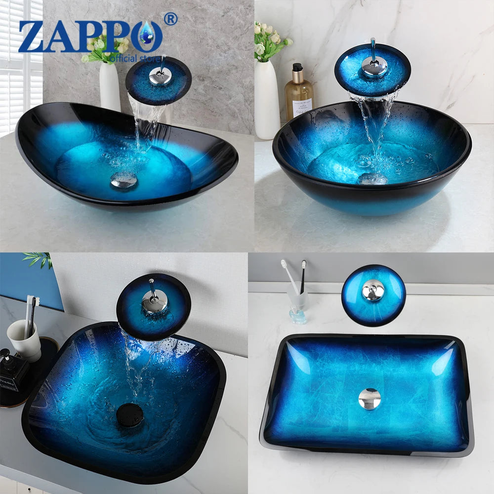 Tempered Glass Bathroom Sink Waterfall Black Faucet Tap Oval Blue Sinks Above Counter Basin