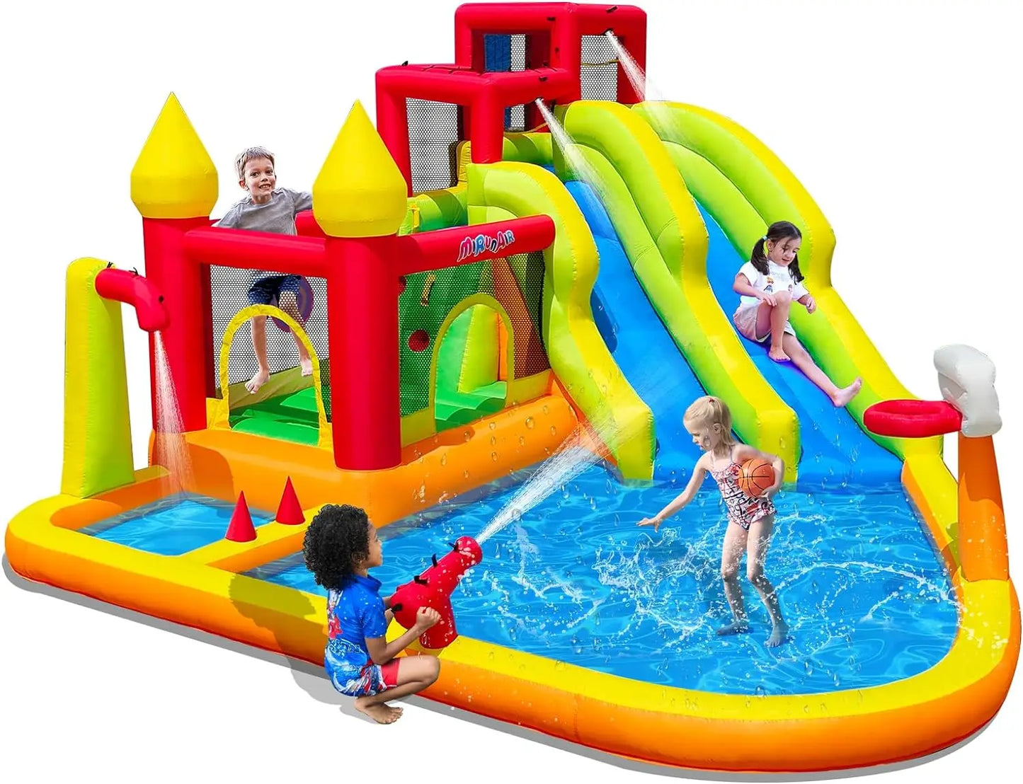 Inflatable Pool Slide Pop Dive Park with Blowers Splash Pool Water Cannon Climbing Wall Outdoor