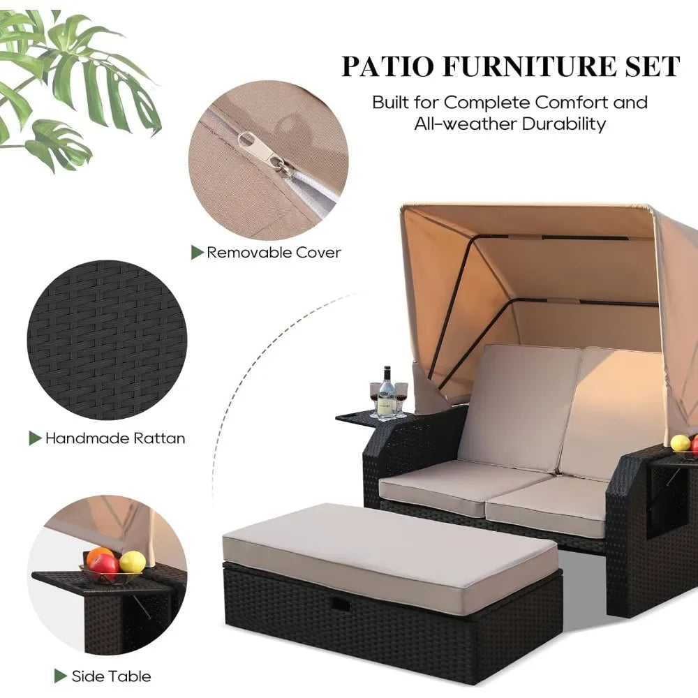 Wicker Furniture Set with Retractable Canopy, Adjustable Back, Side Table, Ottoman, Cushion