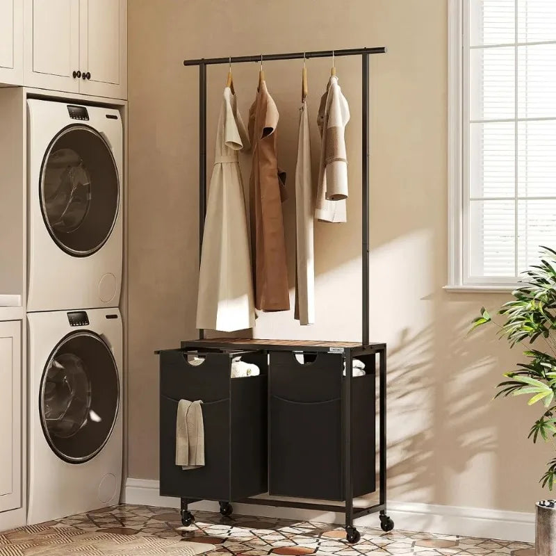 Laundry Hamper with Hanging Rack, Rolling Cart on Wheels