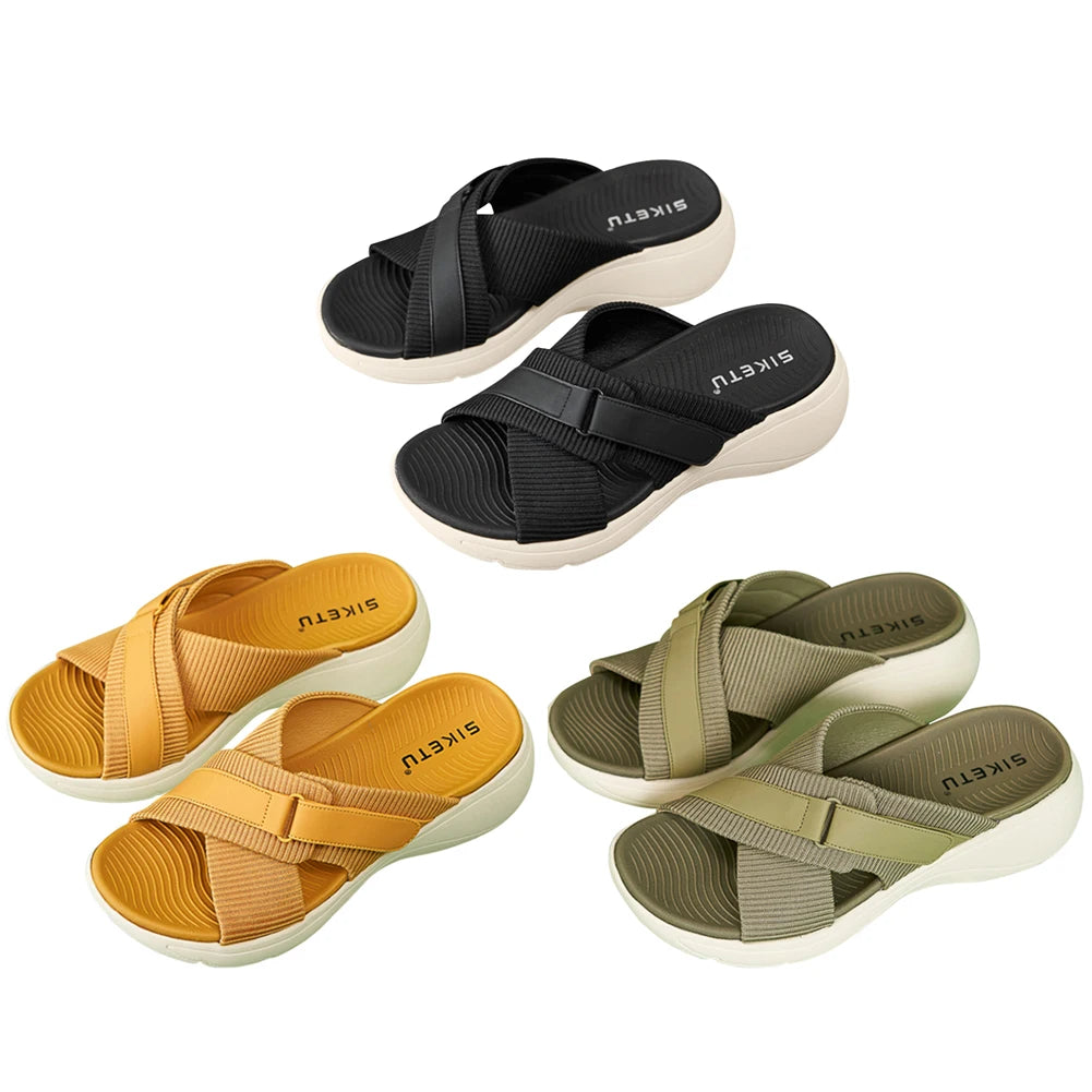 Women Beach Sandals Cross Strap Platform Wedge Sandals Thick Sole Slippers