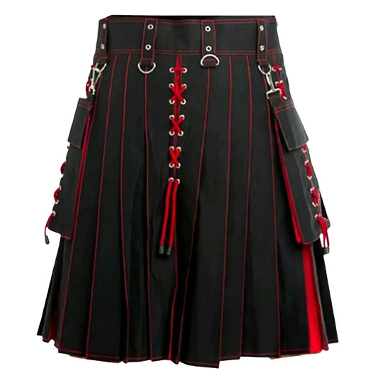 Scottish Hybrid Black Cotton & Tartan, Leather Straps Kilts for Men