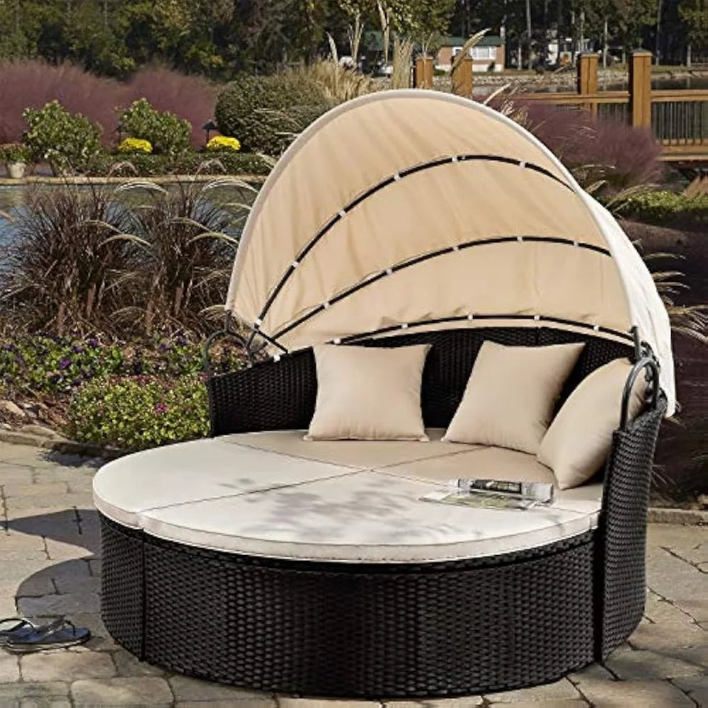 Outdoor Round Daybed Retractable Canopy Wicker Separated Seating Sectional Sofa