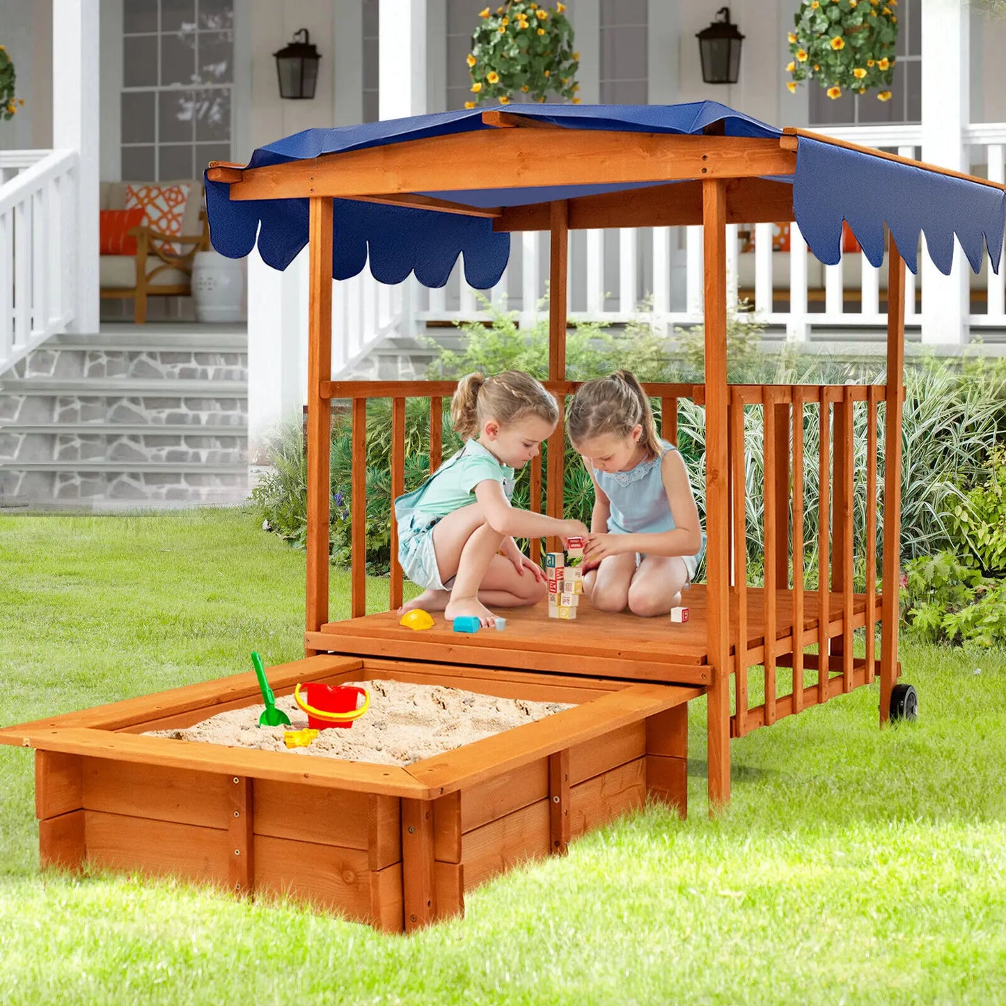 Costway Wooden Retractable Sandbox with Cover & Built-in Wheels Kids Outdoor Playhouse