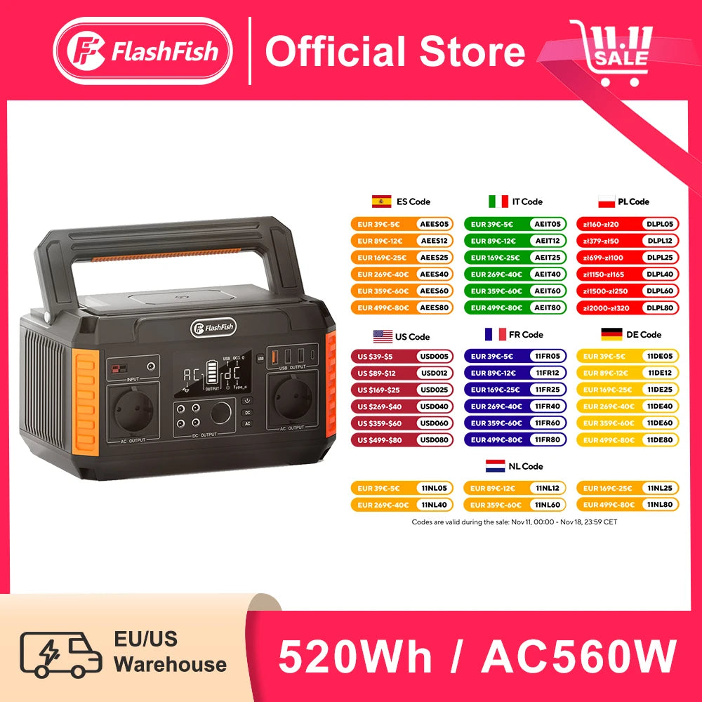 Power Station 560W Portable Solar Generator AC Outlets 520Wh Lithium Batteries