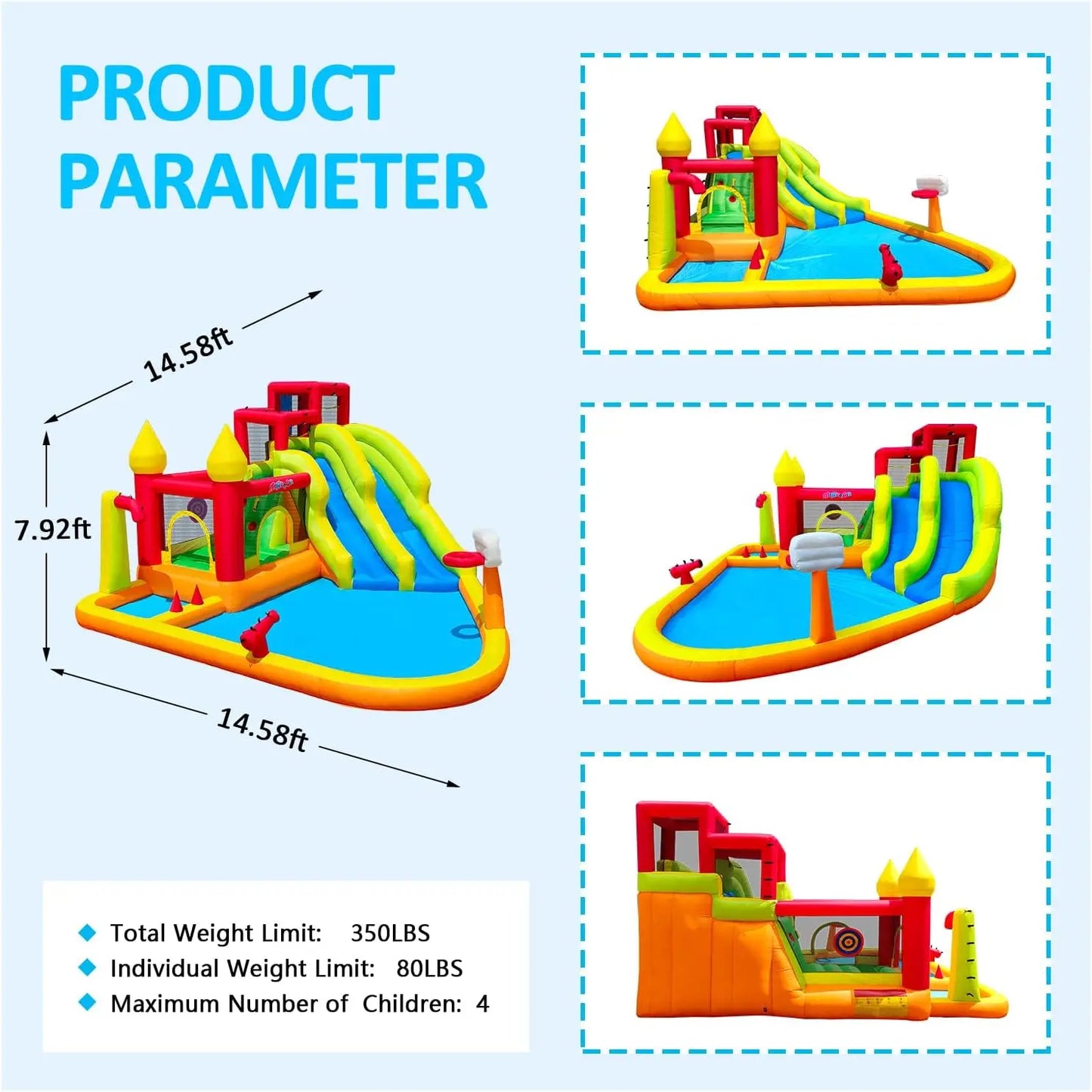 Inflatable Pool Slide Pop Dive Park with Blowers Splash Pool Water Cannon Climbing Wall Outdoor