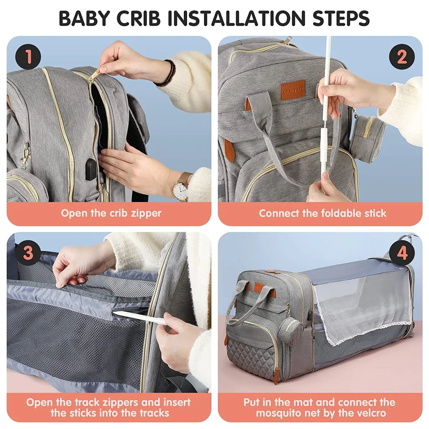 3 In 1 Diaper Bag Backpack Foldable Baby Bed Waterproof Travel Bag