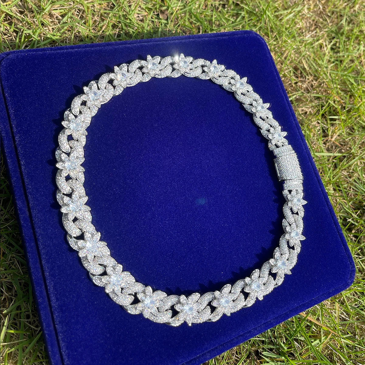 Iced Out Flower Necklace Cuban Link Chain for Women Cubic Zirconia