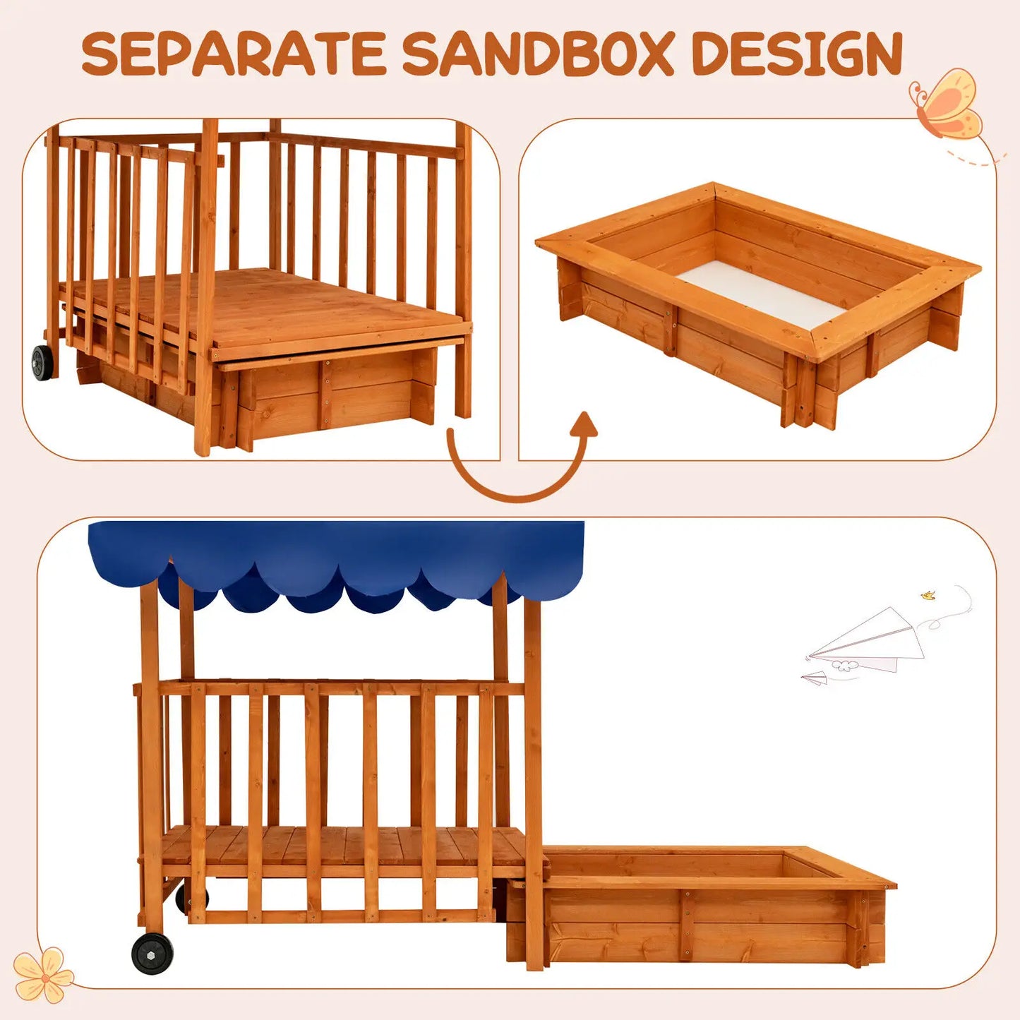 Costway Wooden Retractable Sandbox with Cover & Built-in Wheels Kids Outdoor Playhouse