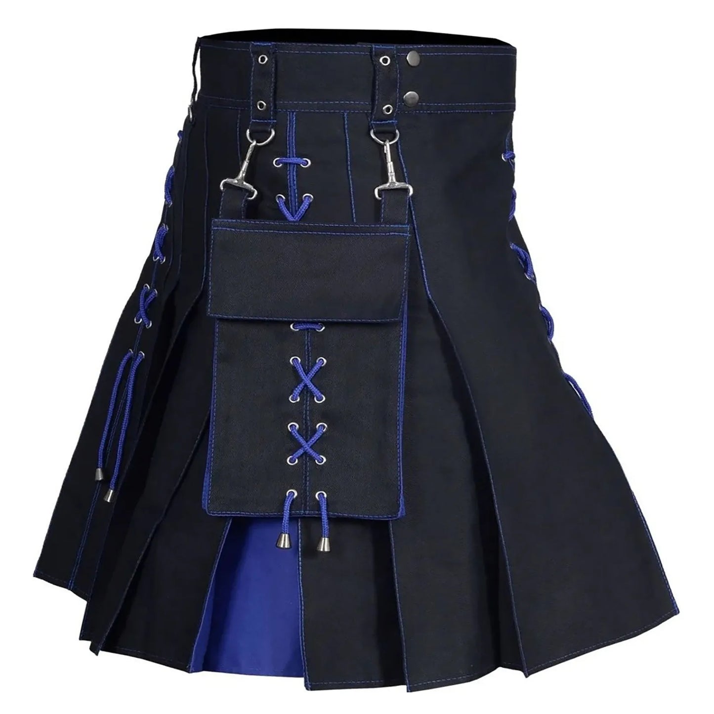 Scottish Hybrid Black Cotton & Tartan, Leather Straps Kilts for Men