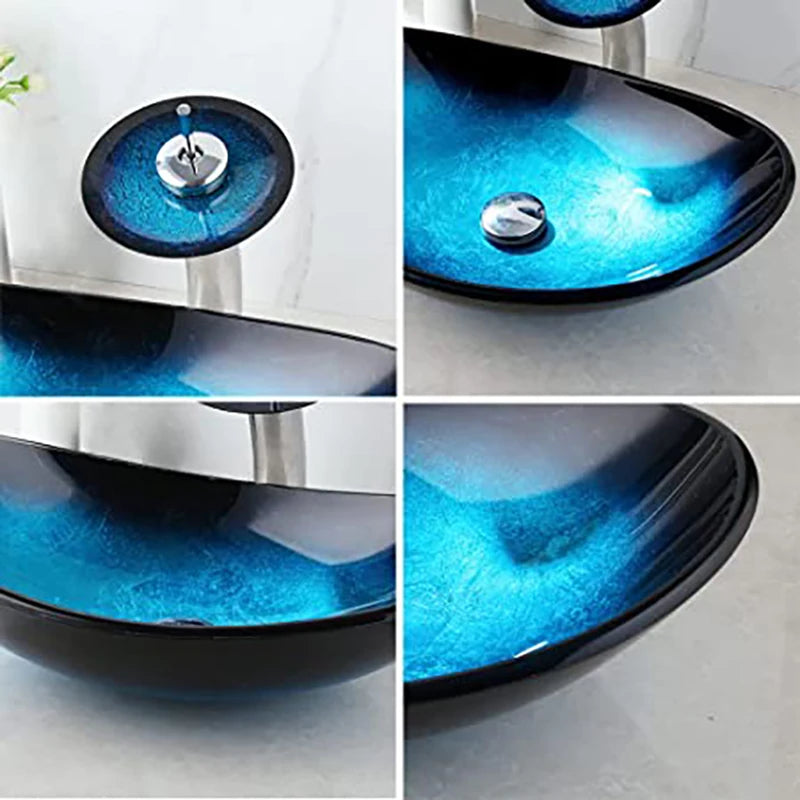 Tempered Glass Bathroom Sink Waterfall Black Faucet Tap Oval Blue Sinks Above Counter Basin