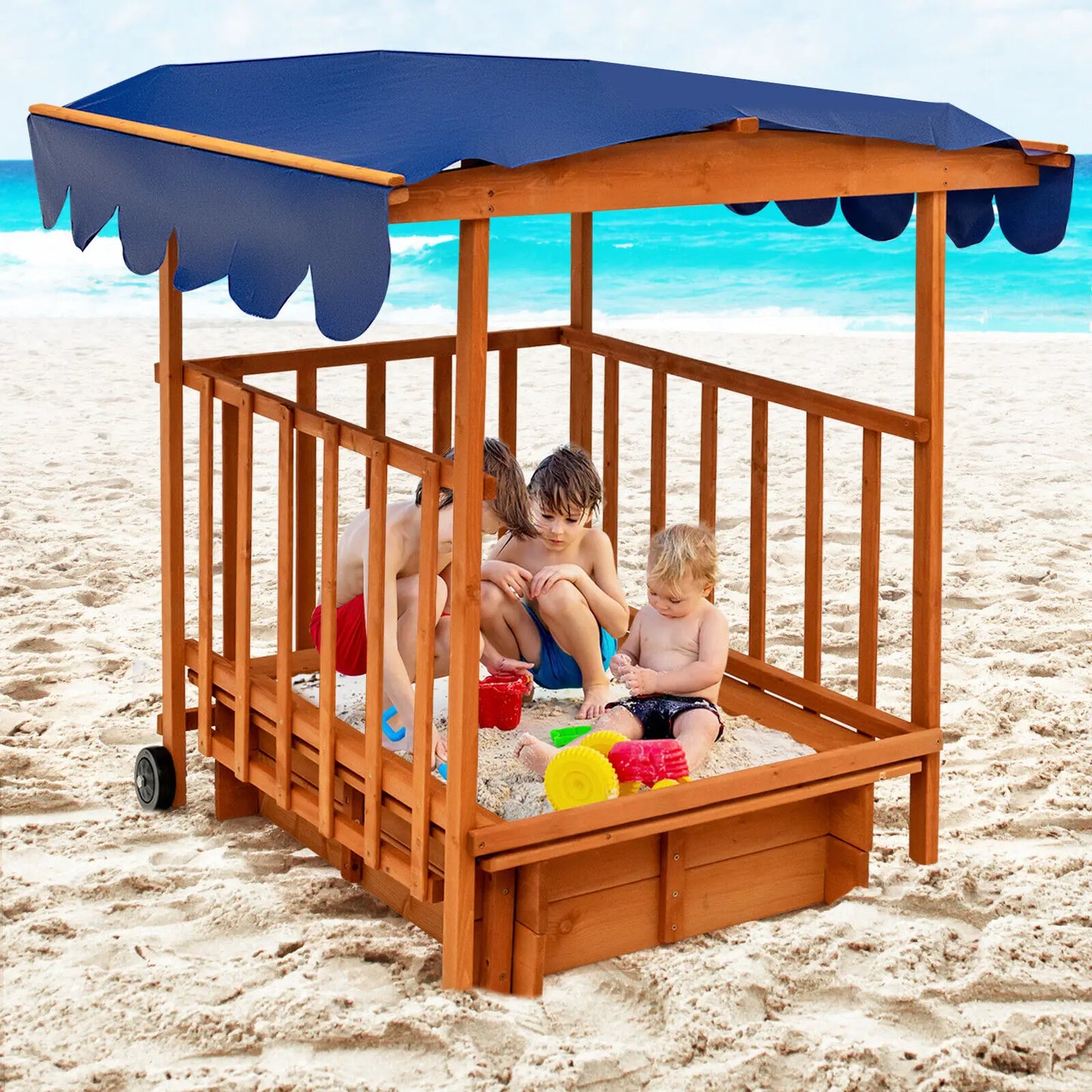 Costway Wooden Retractable Sandbox with Cover & Built-in Wheels Kids Outdoor Playhouse