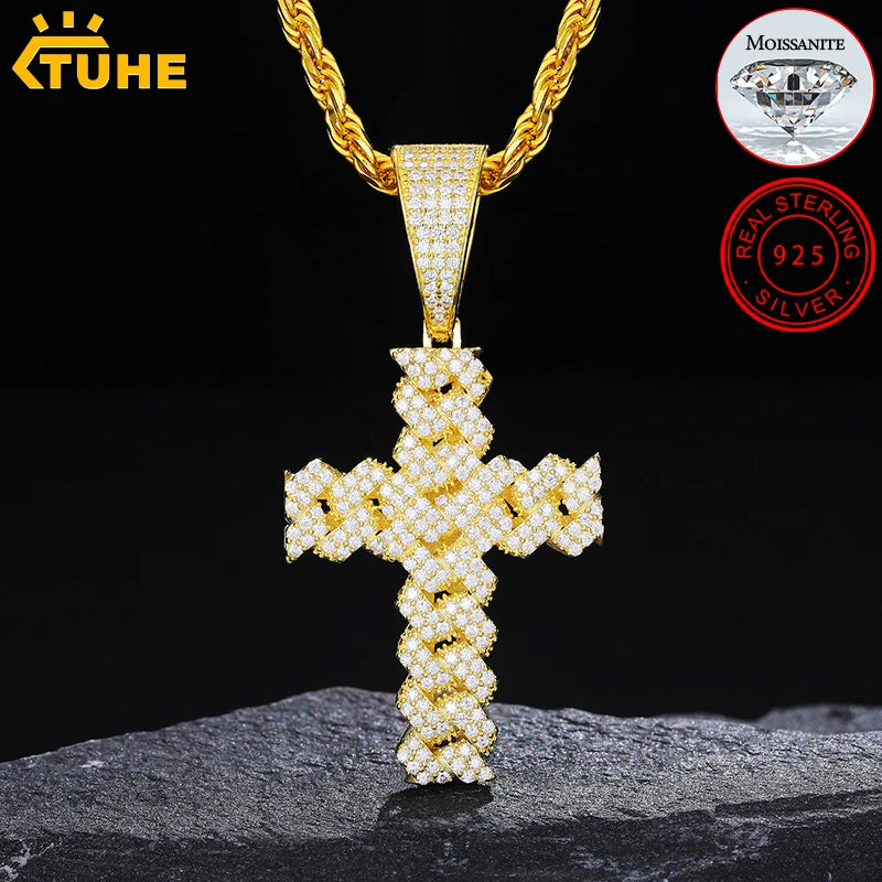 Cross 14mm Cuban Link Necklace Men Mossanite Sterling Silver 925