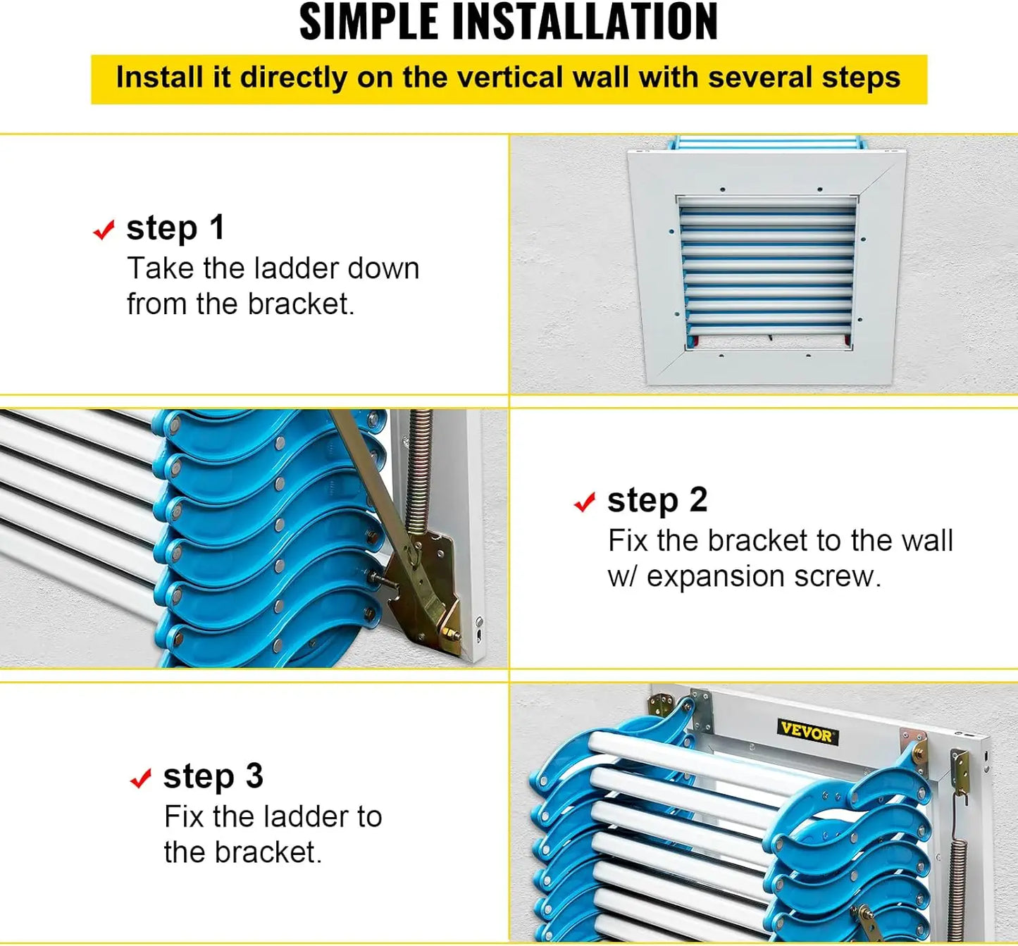 Pulldown Attic Stairs, Wall-mounted Folding Stairs for Attic, Ladder 9.8 feet Height