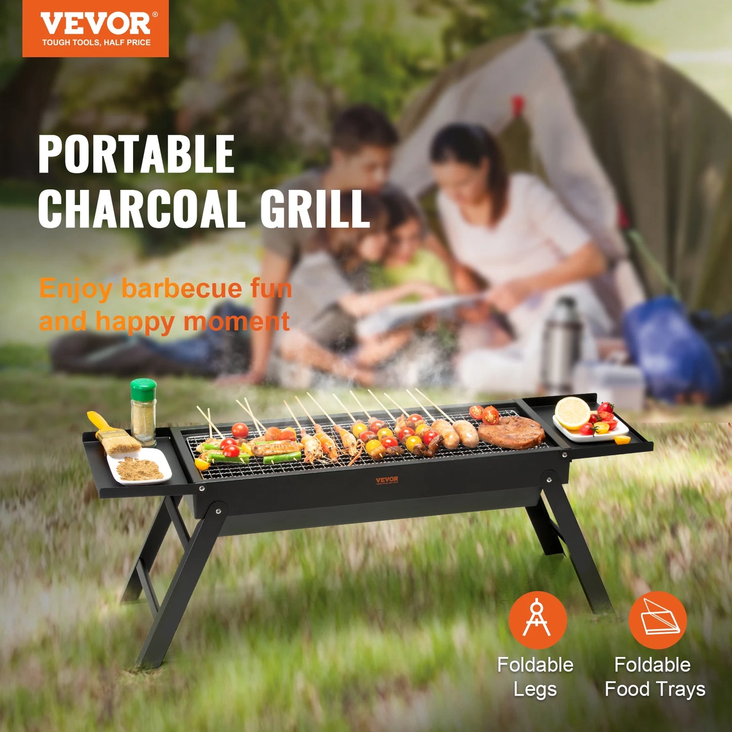 23 inch Portable Charcoal Grill, Flat Top Foldable Grill Outdoor Cooking, Barbecue Camping