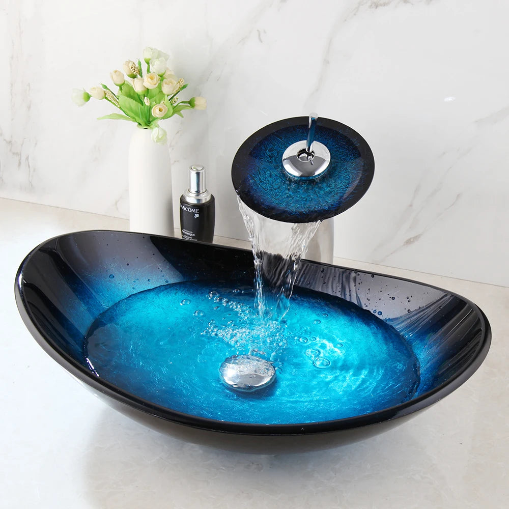 Tempered Glass Bathroom Sink Waterfall Black Faucet Tap Oval Blue Sinks Above Counter Basin