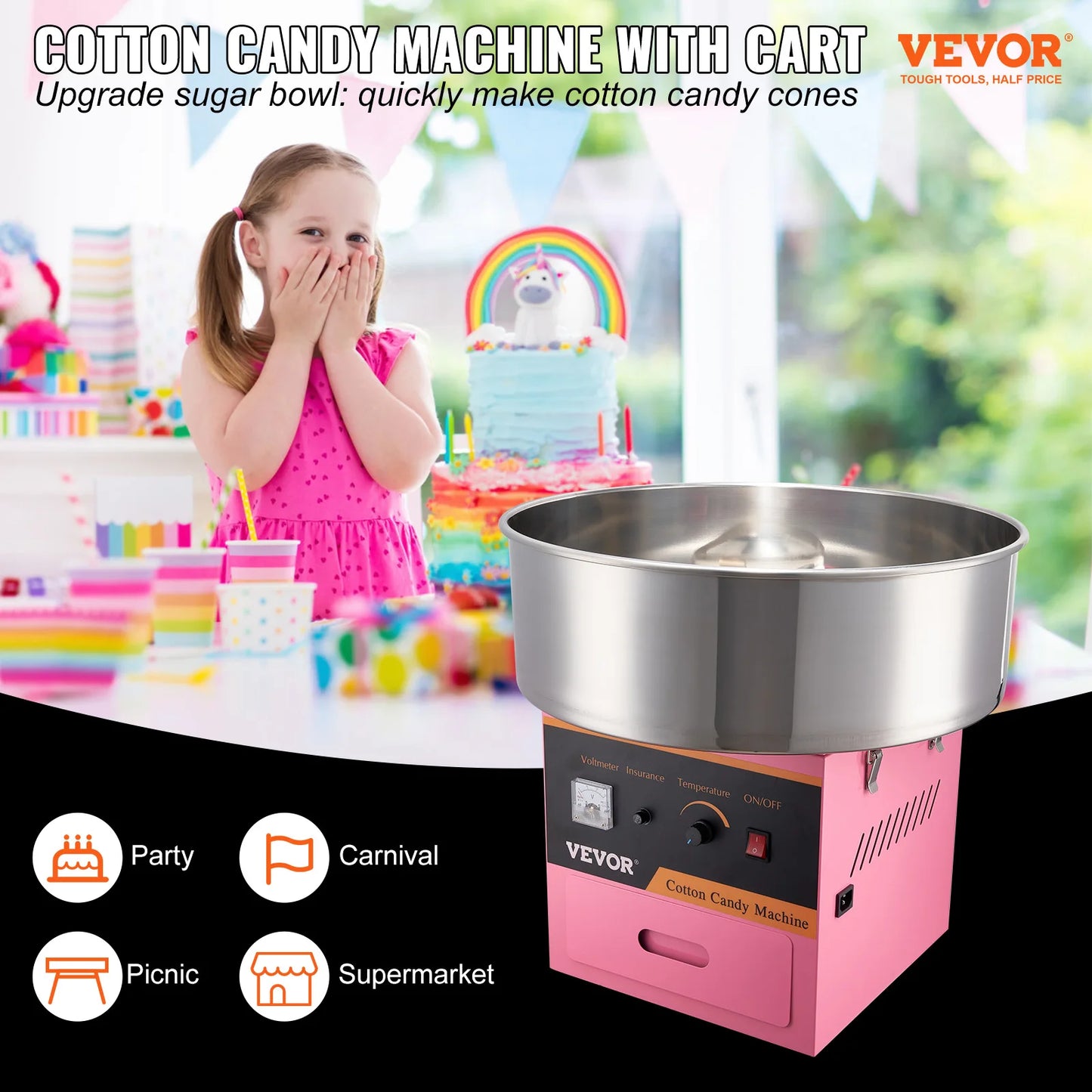 Electric Cotton Candy Machine Floss Maker with Stainless Bowl Sugar Scoop and Drawer