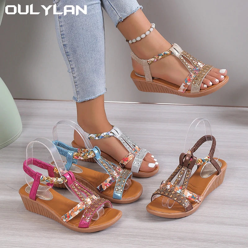 Outdoor Beach Wedge Sandals Summer Bohemia Rhinestones Casual Platform