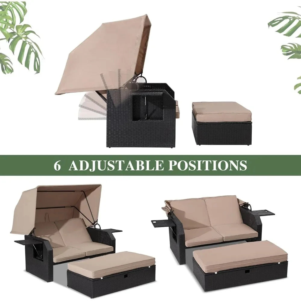 Wicker Furniture Set with Retractable Canopy, Adjustable Back, Side Table, Ottoman, Cushion