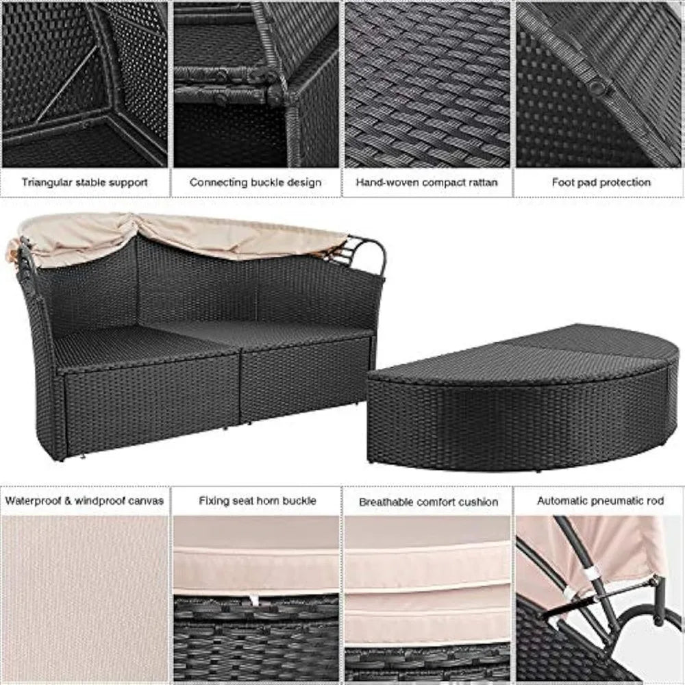 Outdoor Round Daybed Retractable Canopy Wicker Separated Seating Sectional Sofa